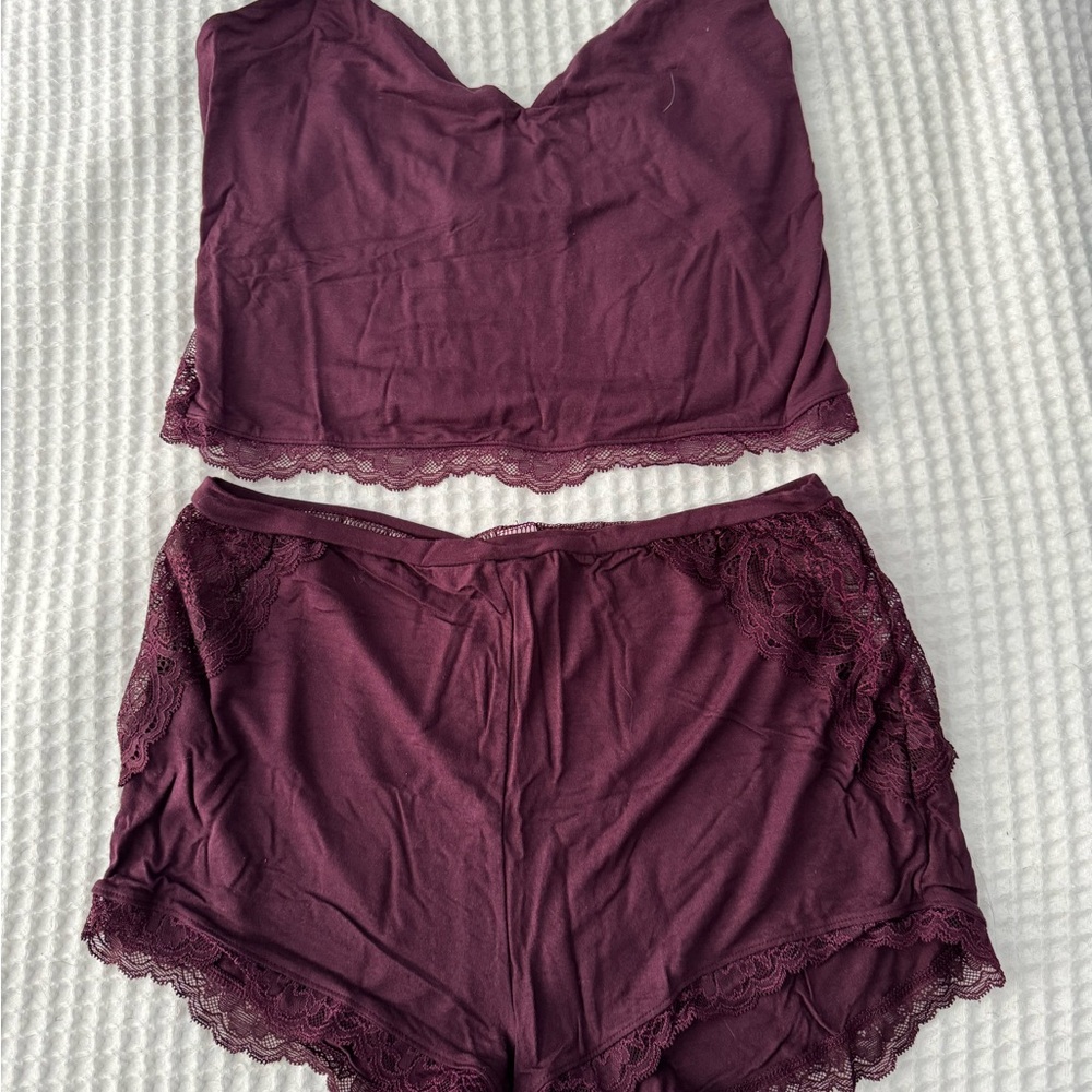 Victoria's Secret Burgundy Lace Trim Pajama Set